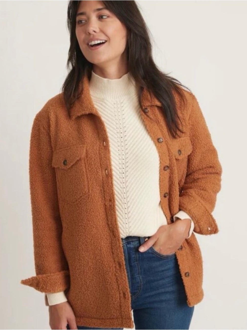 Marine Layer Eden women’s Teddy Jacket Brown Sherpa oversized XL cashew